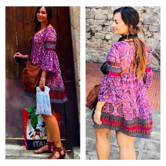 Bebe Fable boho embroidered satin trim balloon  sleeve mini dress women’s S NEW - Picture 1 of 13